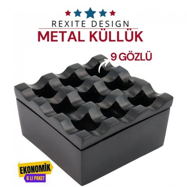 Renkmix 6 Adet Rexite Siyah Metal 9 Gözlü Kül Tablası