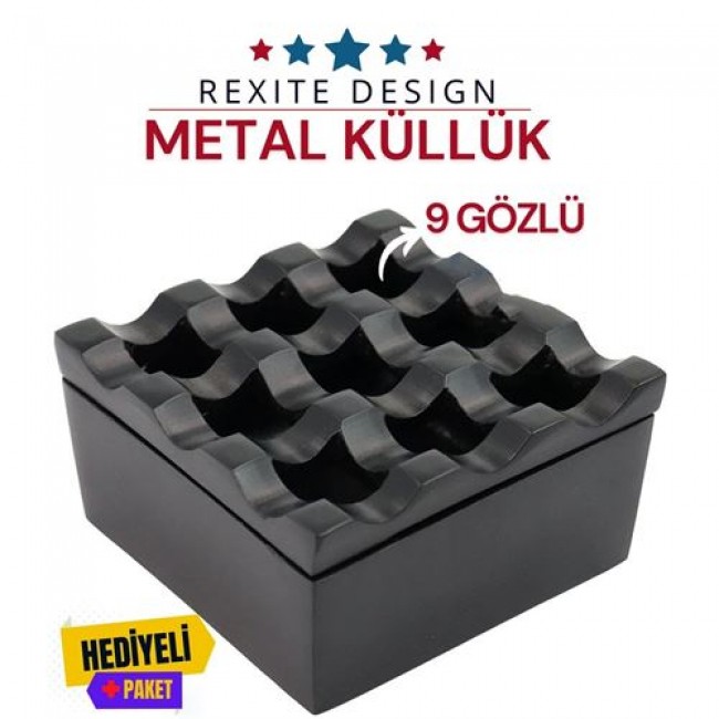 Renkmix 12+2 Adet Rexite Siyah Metal 9 Gözlü Kül Tablası