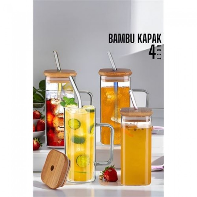 Renkmix Bambu Kapaklı Kavanoz Bardak 4 Adet 720103