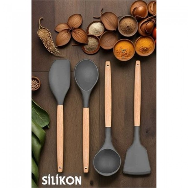 Renkmix Silikon Mutfak Seti Ahşap Sap Basciani Design Antrasi̇t 720429
