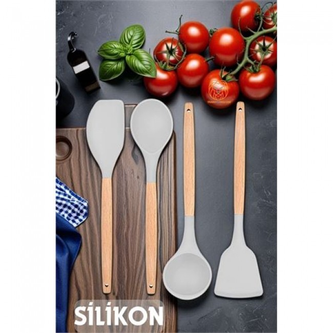 Renkmix Silikon Mutfak Seti Ahşap Sap Basciani Design Krem 720430