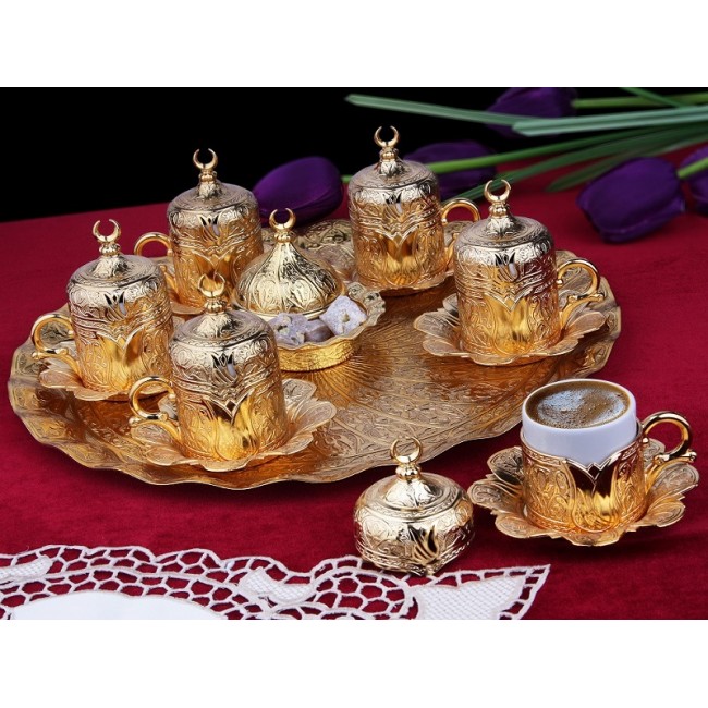 İndirimde Osmanlı motifli 6 kişilik türk kahve seti - altın